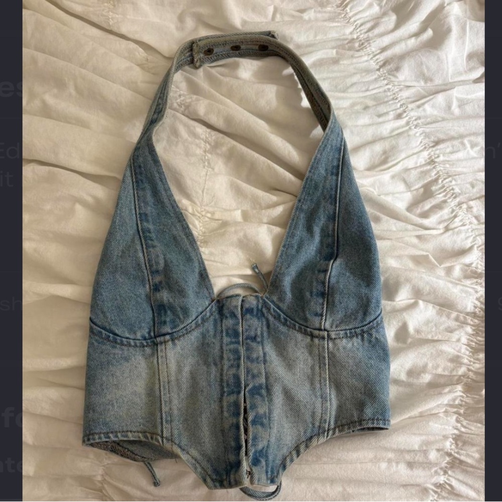 Edikted Light Blue Denim Halter Top with Pink Label